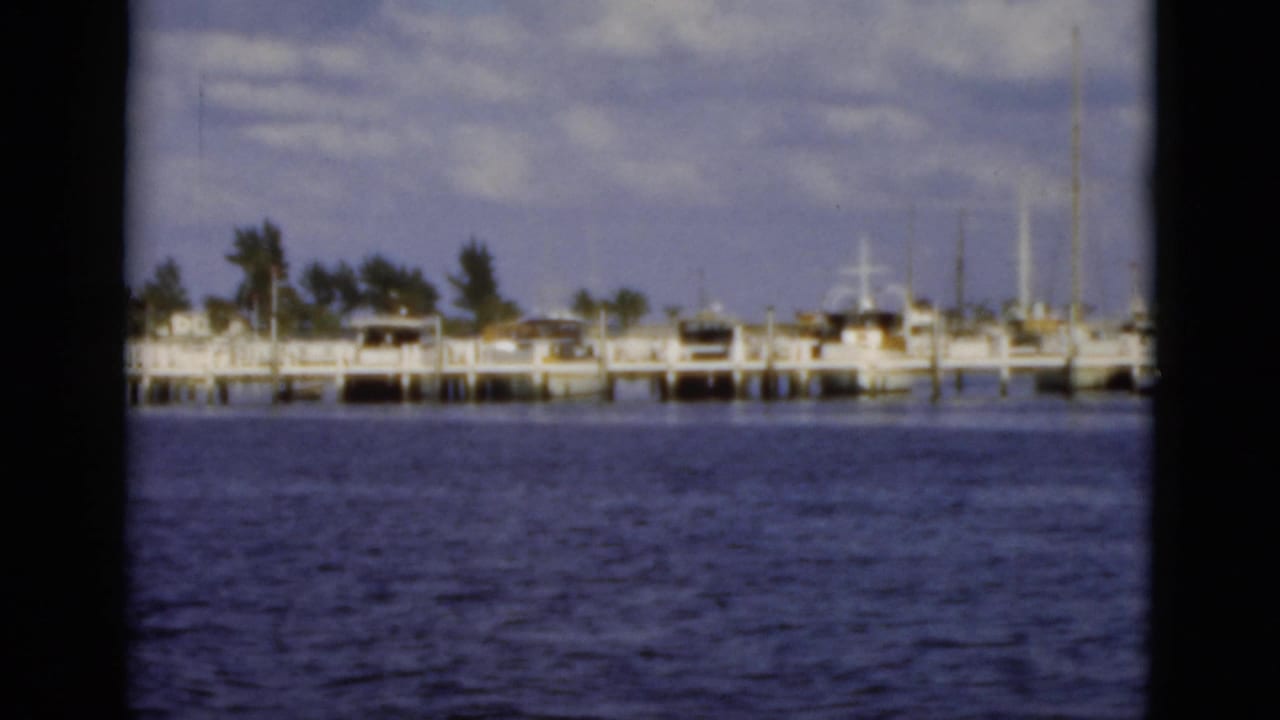 Pier and marina buildings with boats along the shoreline beyond open water.