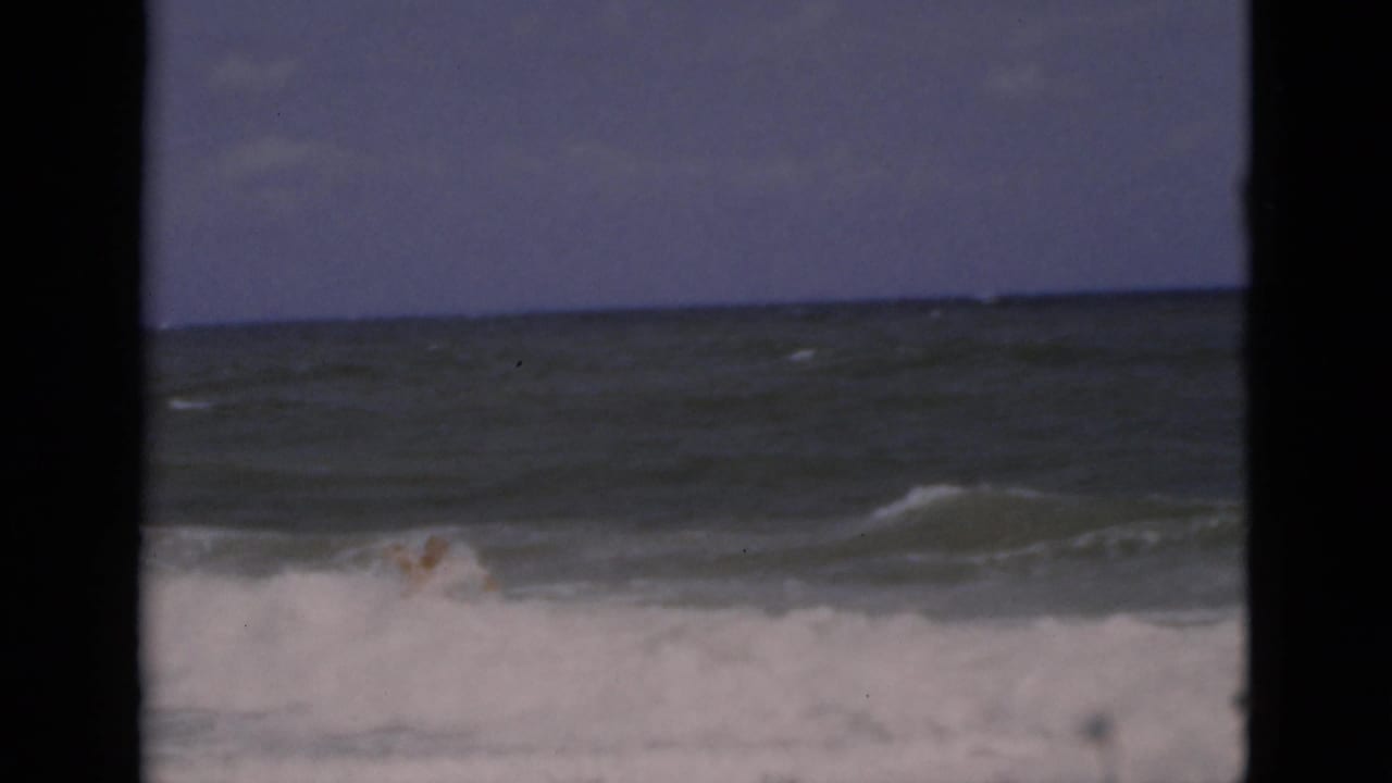 Man partly hidden by surf near choppy ocean waves, seen through dark vertical frame bars.