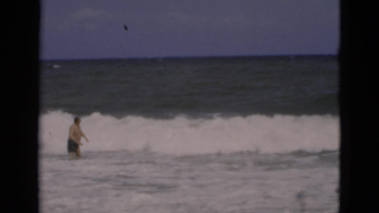 Man in swim trunks stands in shallow surf as a wave breaks behind him.
