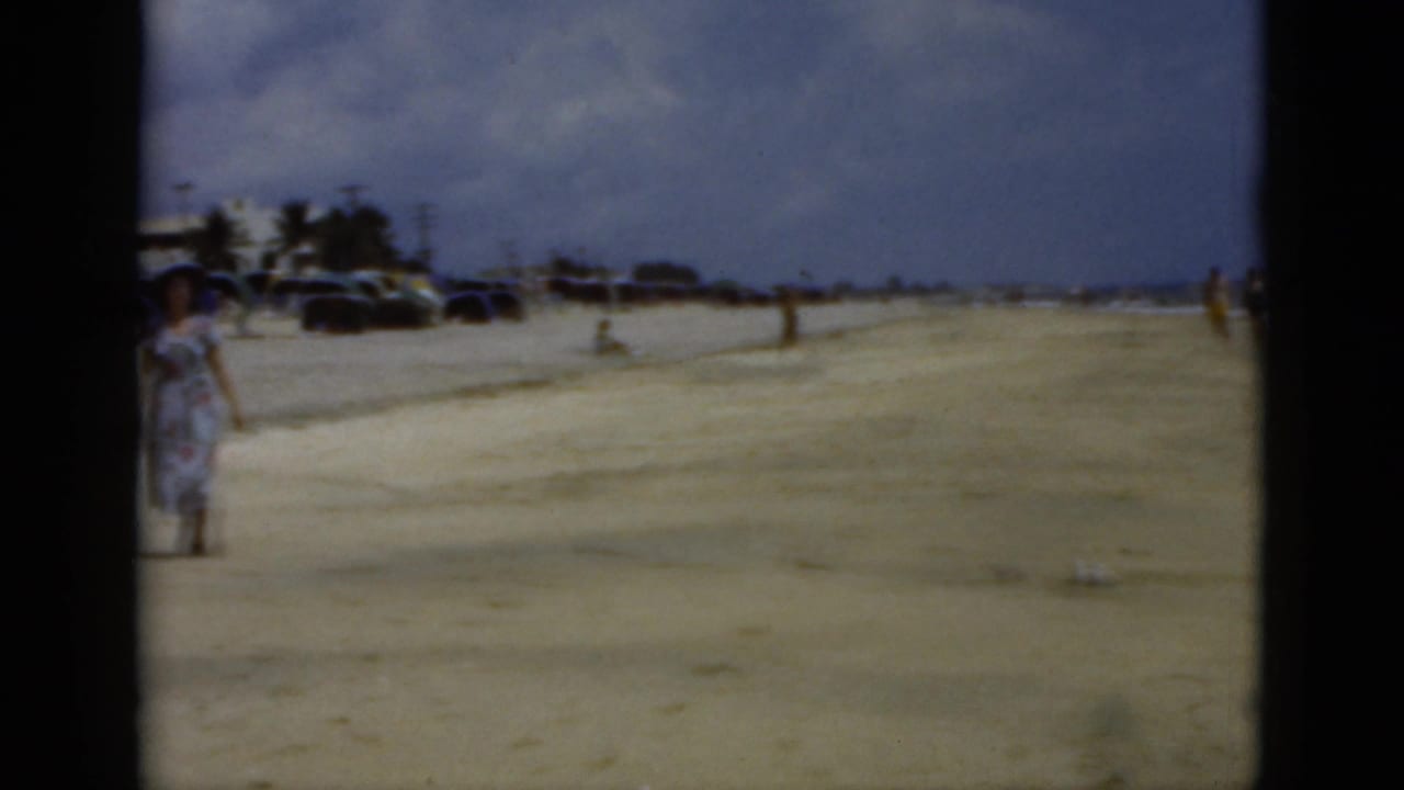 Woman in a patterned dress on a sandy beach with cars and palms behind her.