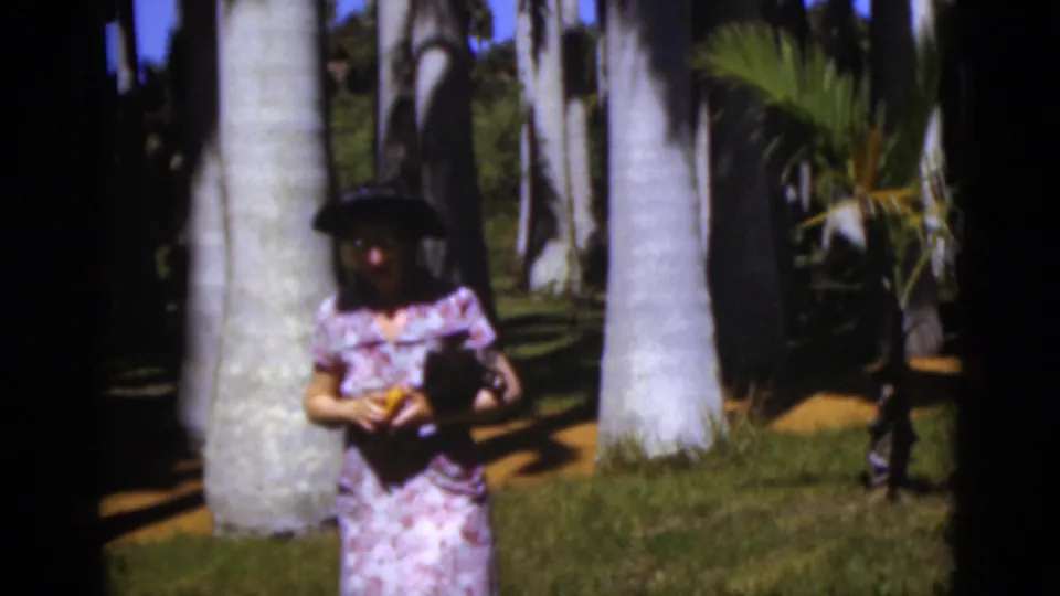 In the Florida grove, the woman in a floral dress and hat is seen closer among tall pale palm trunks and grass.