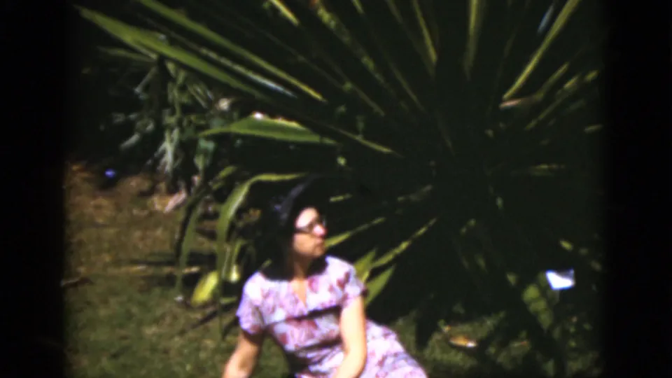 A woman in sunglasses, a dark hat, and a purple dress looks upward beside broad tropical foliage in the 1975 Florida scene.