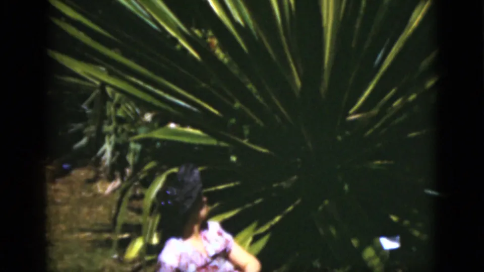The woman turns beside dense spiky foliage, with grass and bright leaf highlights visible in the 1975 Florida home-movie frame.
