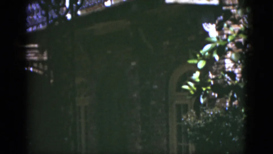 1975 Florida frame showing a dim exterior wall or opening partly hidden by foliage and garden shadows.