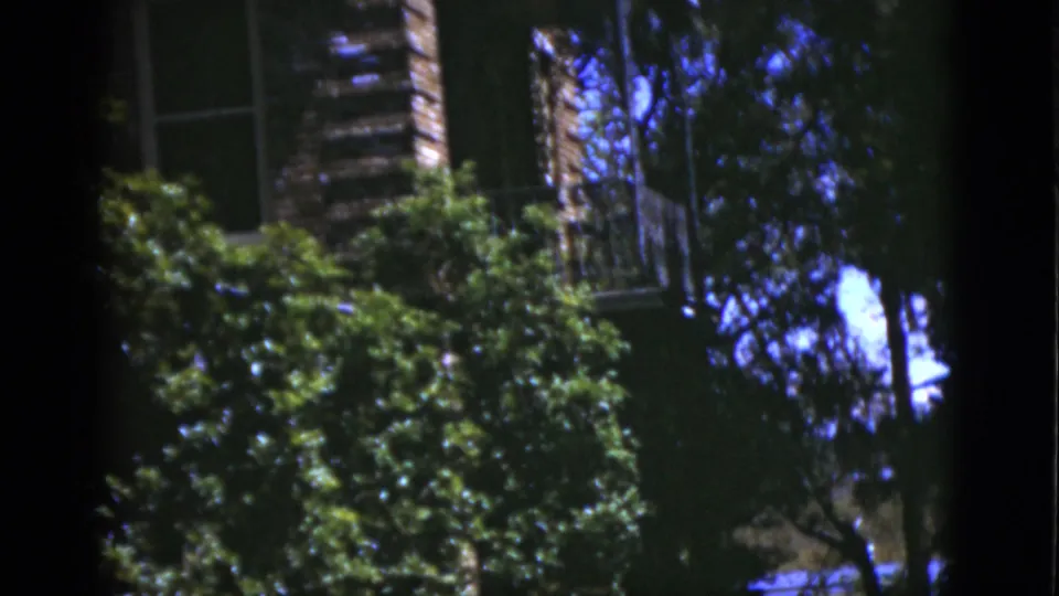 1975 Florida frame showing a brick wall, dark window area, balcony railing, and thick foliage partially blocking the residence.