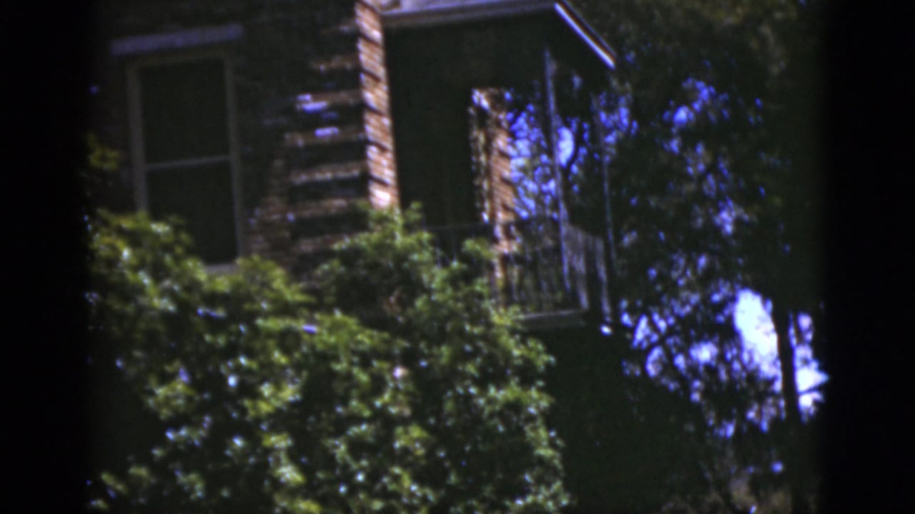 Red brick house facade partly hidden by trees and vines.