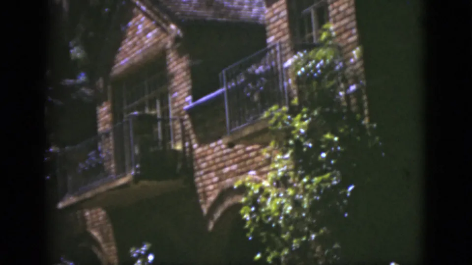 The final frame shows the brick balcony and railings from below, with vines and tree shadows covering much of the facade.