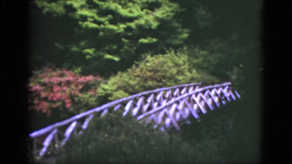 1951 Florida 8mm frame with the white wooden bridge angled across the lower frame against layered greenery.