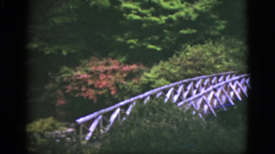 1951 Florida 8mm frame ending on the white bridge partly obscured by lush foliage and dark film edges.