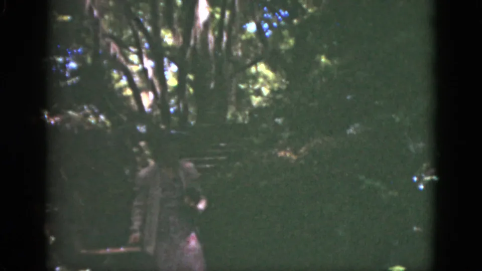 The woman reappears low in the 1951 Florida frame, partly hidden by shadowed trees and foliage while carrying a small animal.