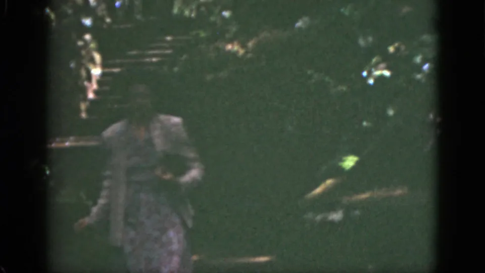 A 1951 Florida home-movie frame shows the woman lower in the wooded stairway, with her clothing and face softened by shadow.