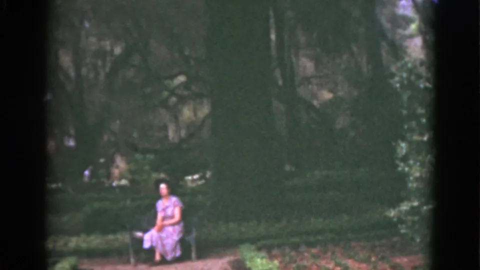 1951 Florida home-movie frame of a woman seated on a bench in a shaded garden with mossy trees, hedges, and a path in front.
