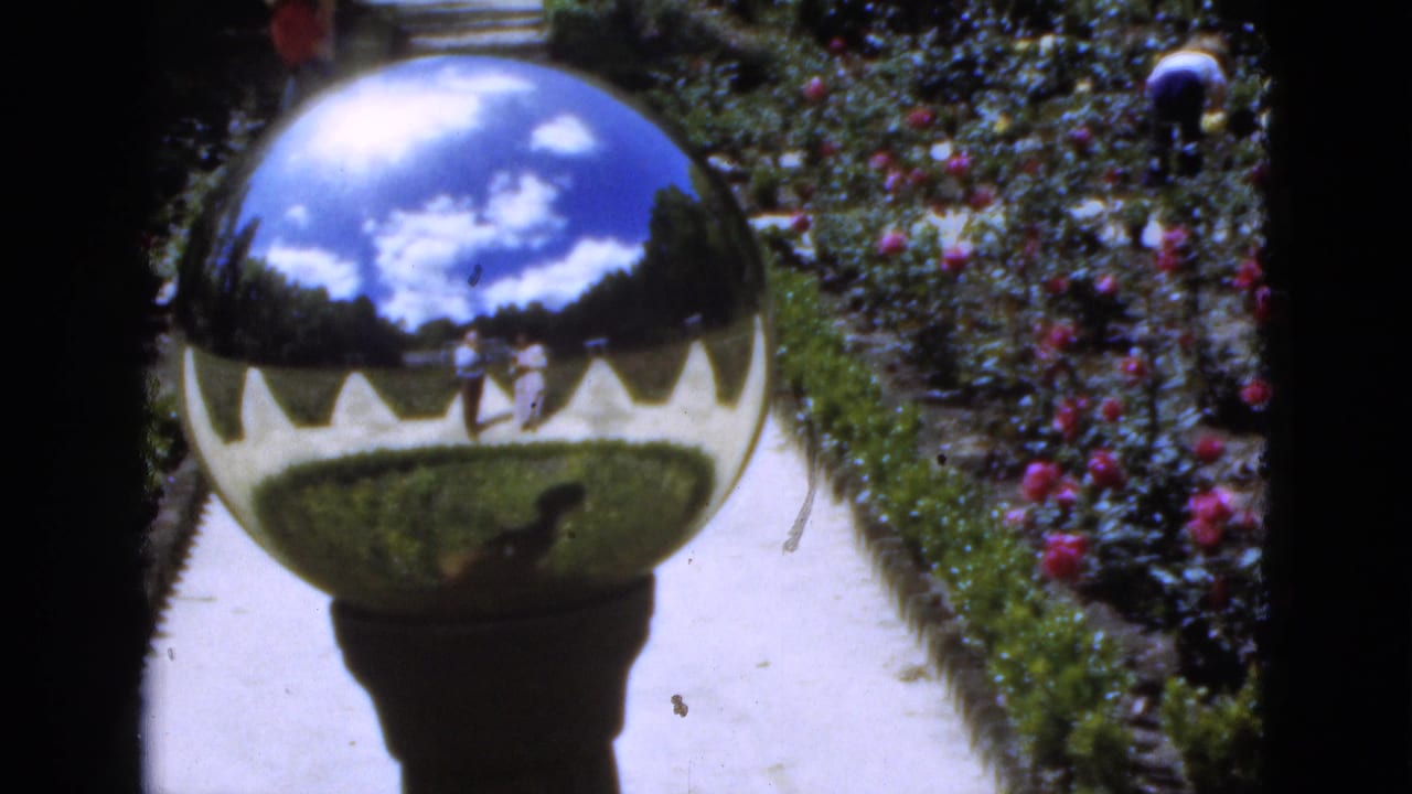 Reflective metal garden sphere beside a flower-lined walkway under a blue sky.