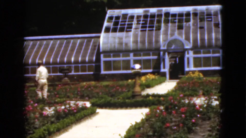 A man in light-colored clothing walks through the 1951 Florida garden near the glass greenhouse, rose beds, and paved paths.