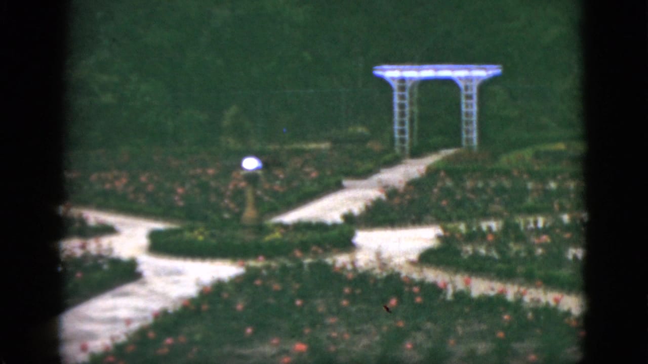 1951 Florida 8mm frame of formal garden beds, curving pale walkways, lawn, and a white arbor in soft focus.