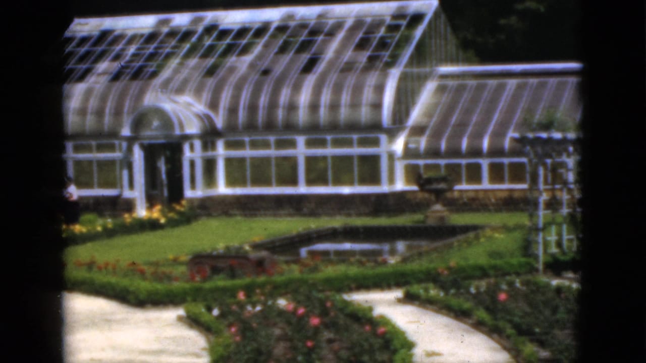 1951 Florida 8mm frame showing a glass-roofed greenhouse, formal paths, trimmed beds, flowers, and a small pond.