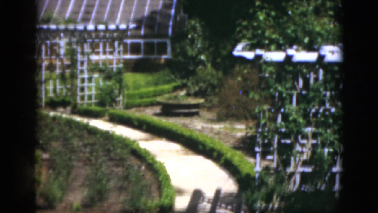 1951 Florida 8mm frame showing a curved garden walkway, clipped hedges, trellis structures, planting beds, and part of a greenhouse.