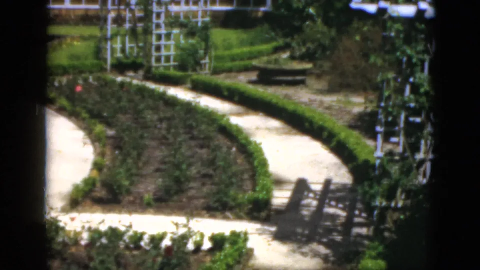 1951 Florida garden view with pale walkways, low hedges, rose planting beds, white trellises, and a small gate or bench form.