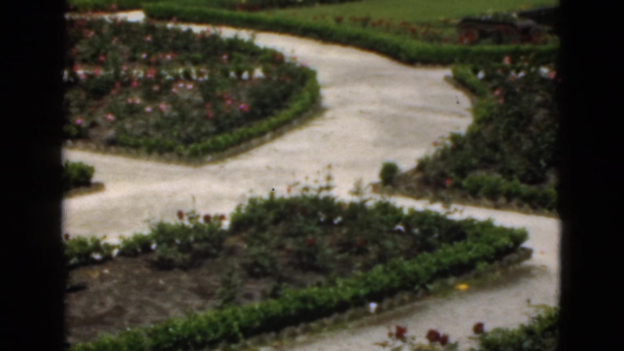 Winding pale paths pass between rose beds and low hedges, seen through dark vertical bars.