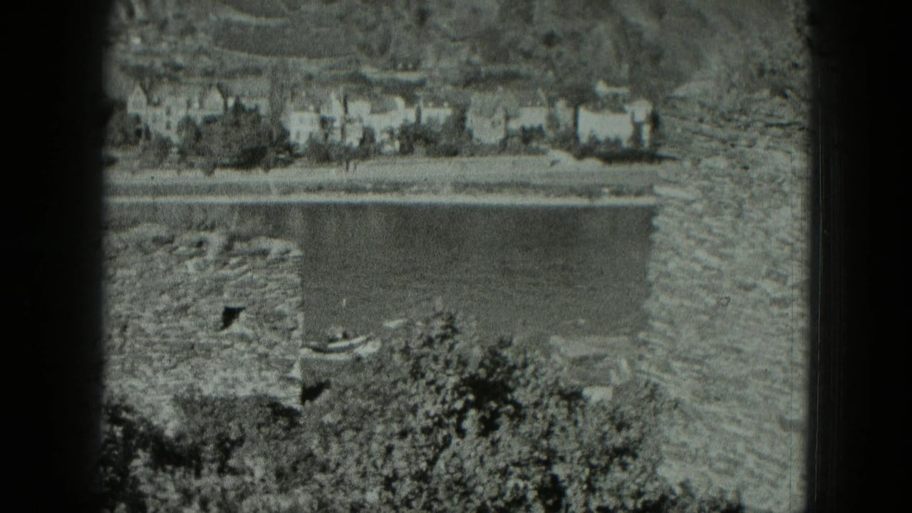 Stone wall with a dark opening, vegetation, and a water or shoreline view beyond.