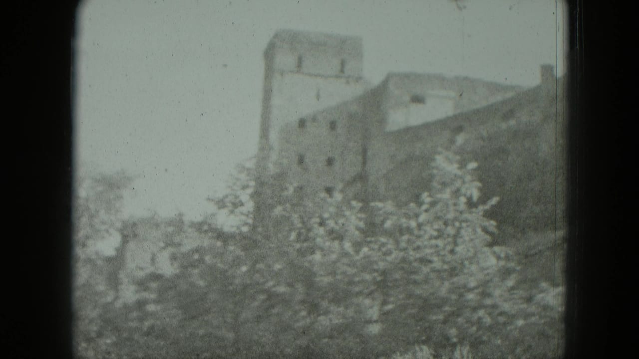 Soft distant castle above trees seen through a dark film-frame edge.