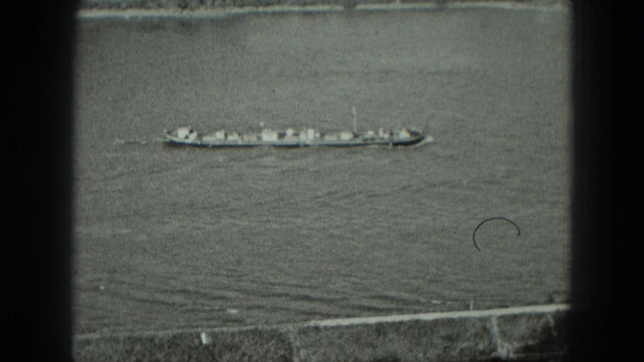 Long cargo vessel on open water with shoreline at the top of the frame.