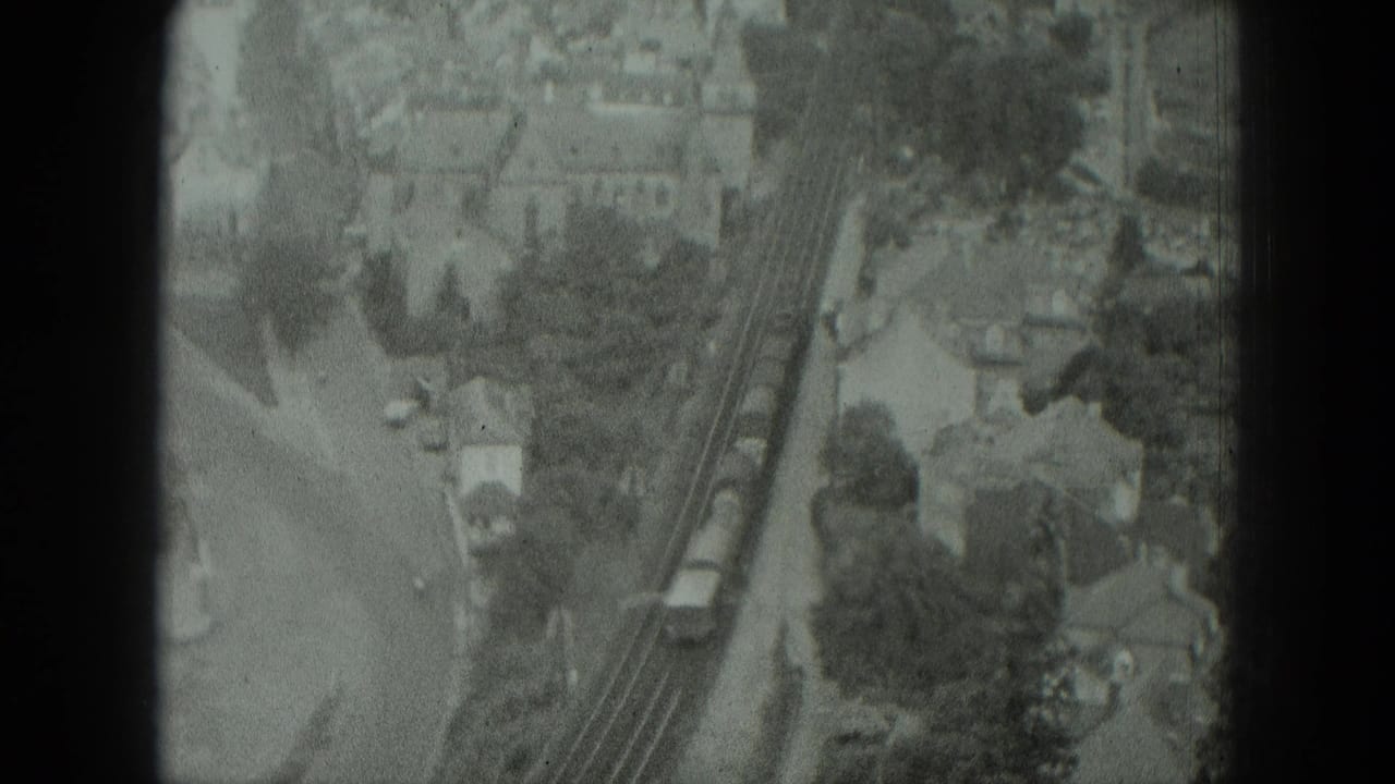 Elevated view of a train moving along tracks beside houses and trees.