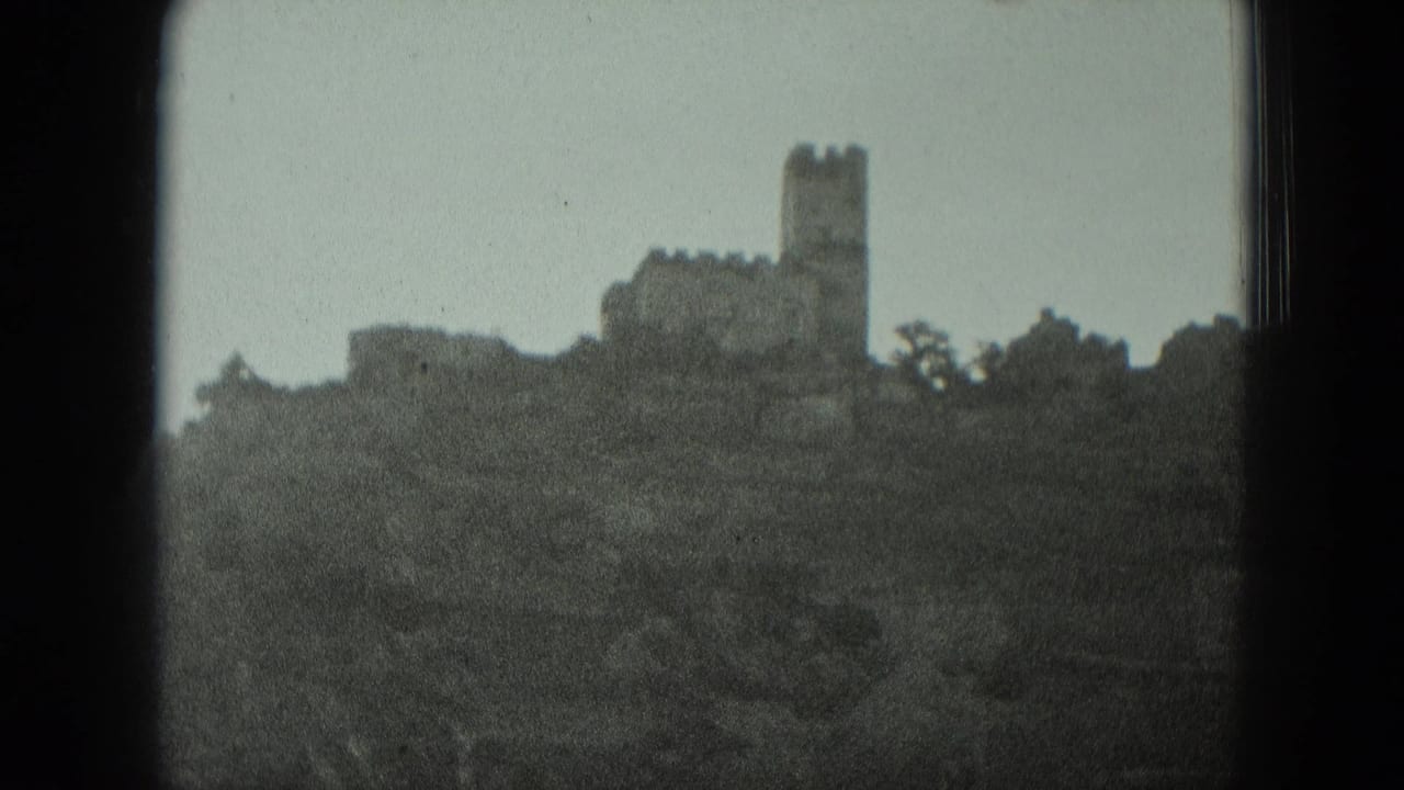 Distant castle ruins on a wooded hill beneath a pale sky.