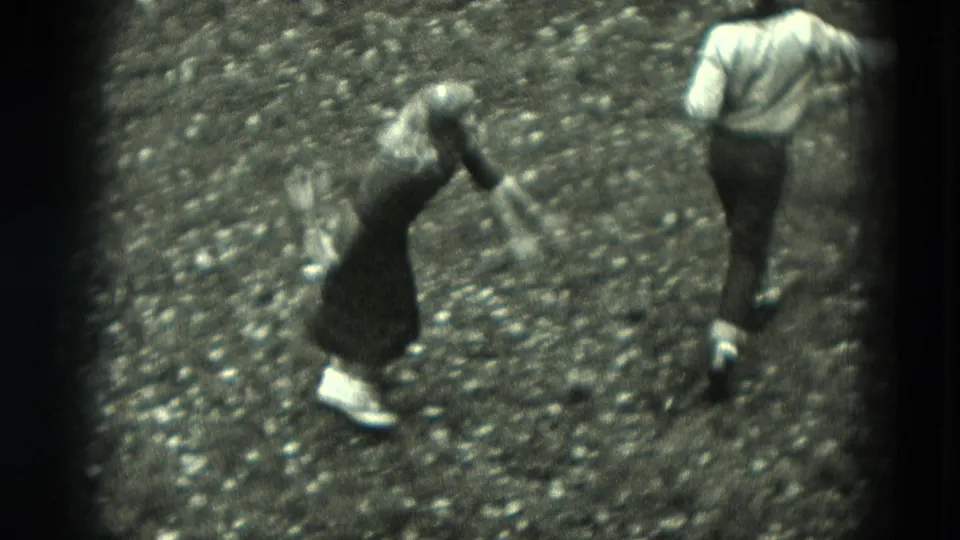 A girl in a dark dress reaches forward while a boy in a light shirt moves away across the grassy home setting.