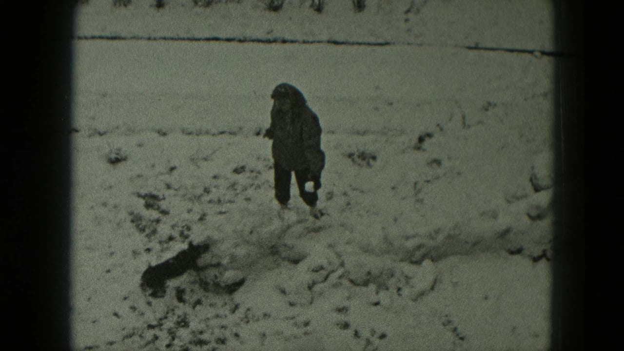 In 1951 West Germany home-movie footage, a bundled person stands in snow while a small dark dog moves nearby.