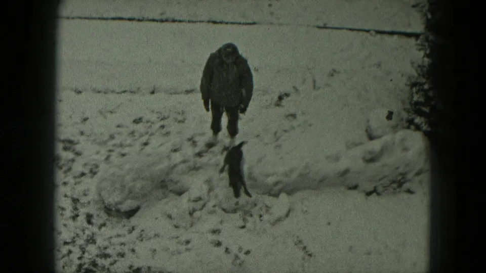 The home-movie frame shows a bundled person facing a small dog across trampled snow in West Germany.