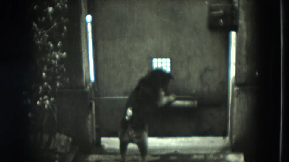 The dog approaches a doorway or threshold in the 1951 Germany 8mm footage, framed by a wall, posts, and foliage.