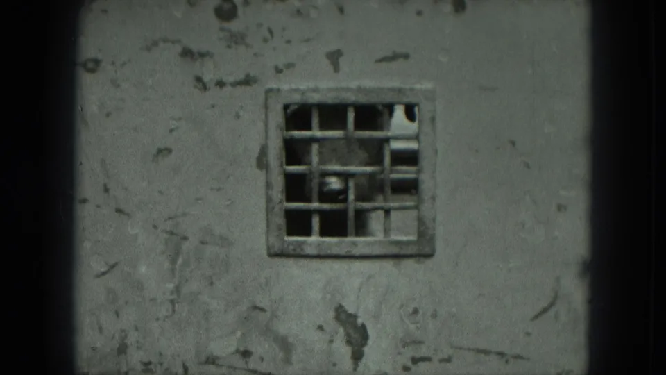 The final frame holds on the barred window and rough cement wall, with the grid and worn plaster clearly visible.