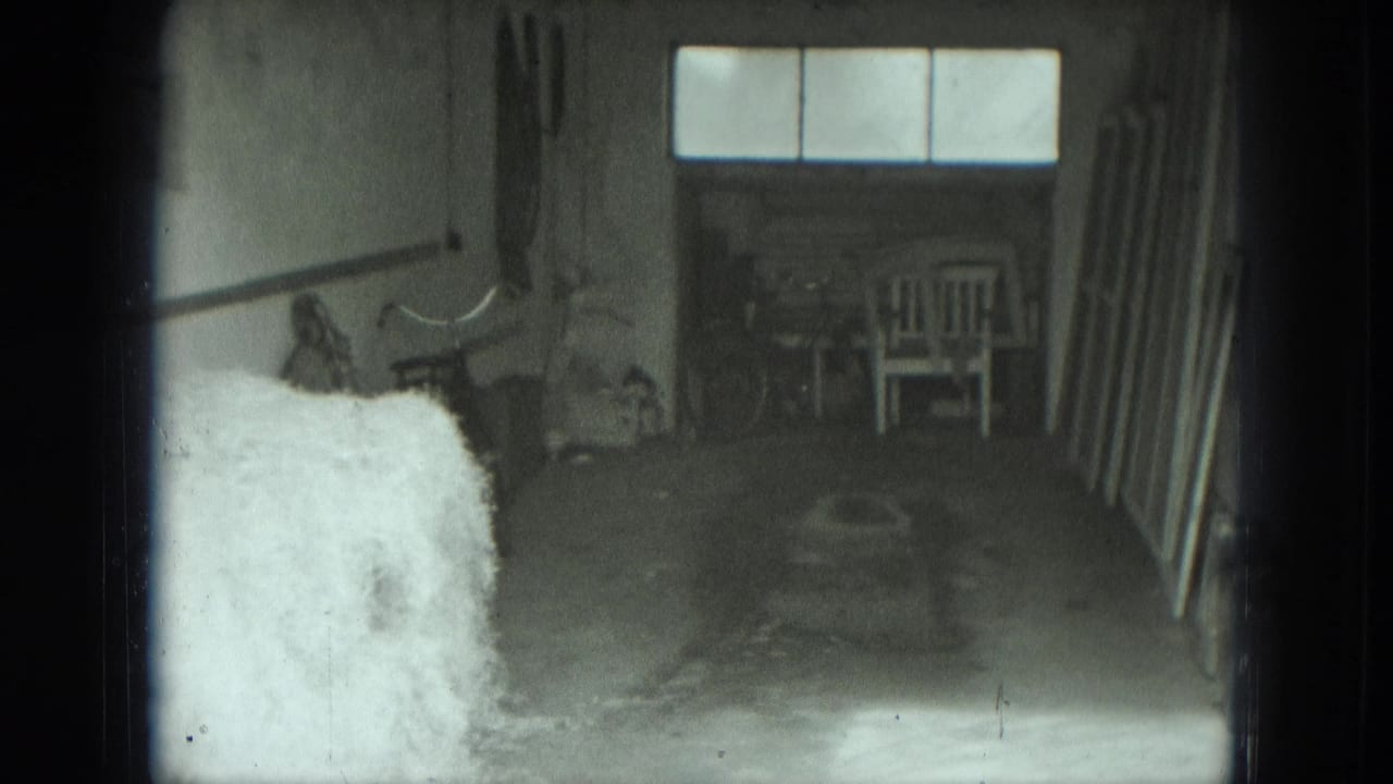 Dim interior, possibly a shed or barn, with hay bale, white chair, tools, boards, and window panes in 1951 Germany footage.