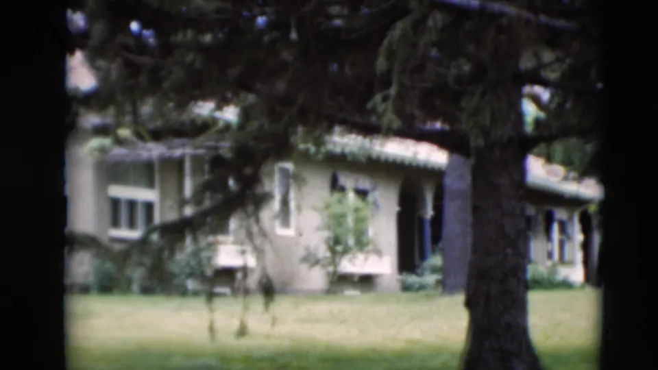 1951 Paducah frame of a residential exterior with a tiled roof and lawn, framed by dark evergreen branches.