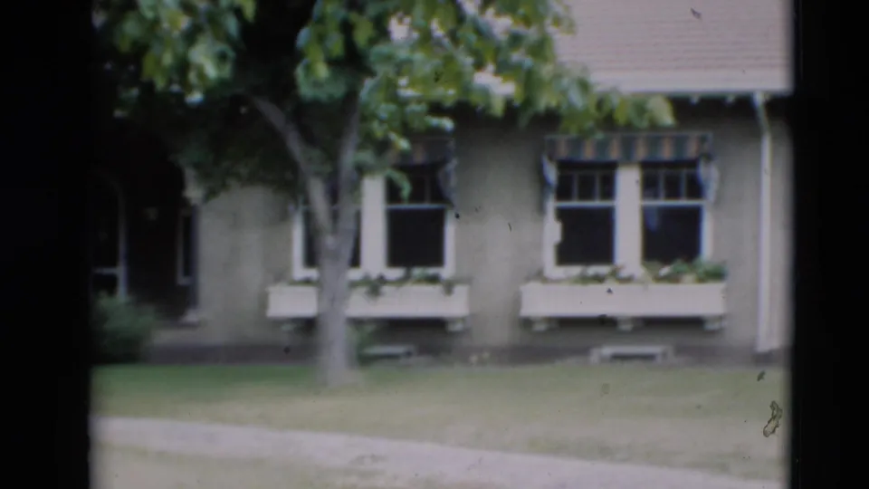 1951 Paducah home-movie frame of the grey house partly blocked by a leafy front-yard tree, with windows, window boxes, and lawn visible.