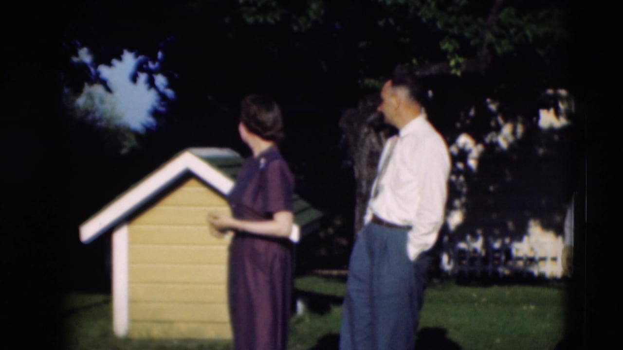 Woman and man turn partly away near the small yellow doghouse in a shaded yard.