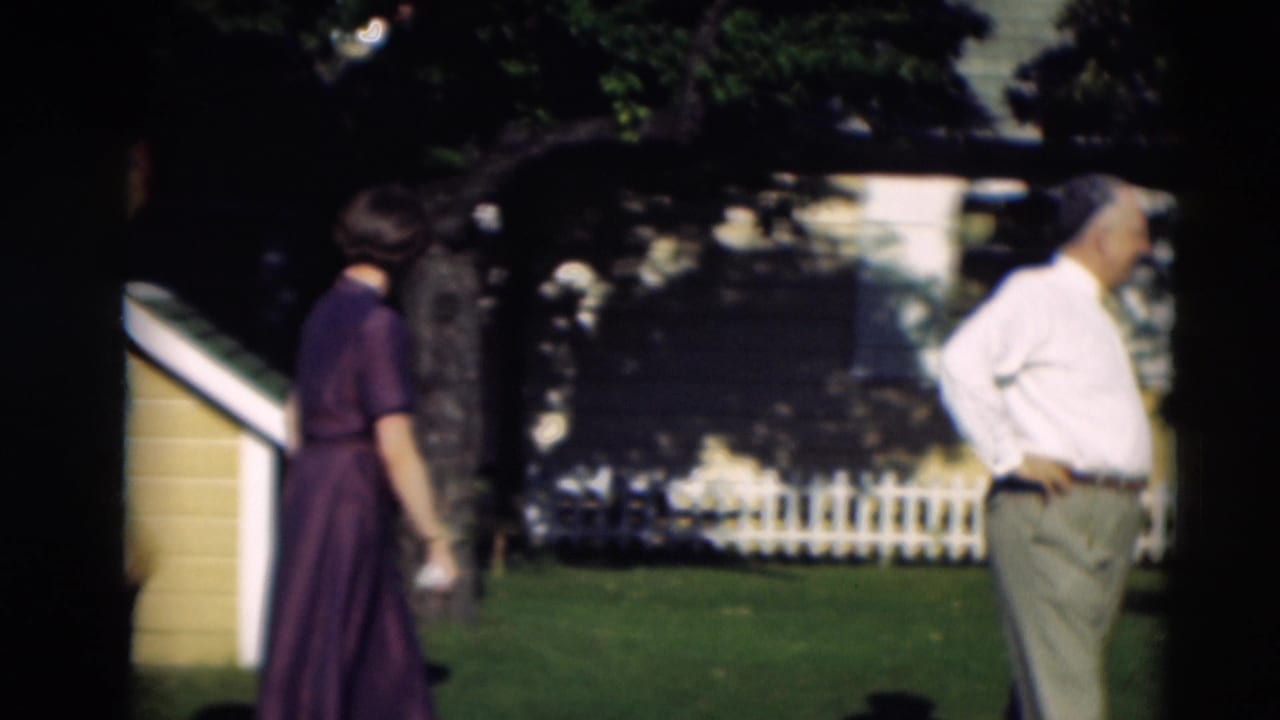 Woman in a purple dress and man in a white shirt stand apart on a sunny lawn.