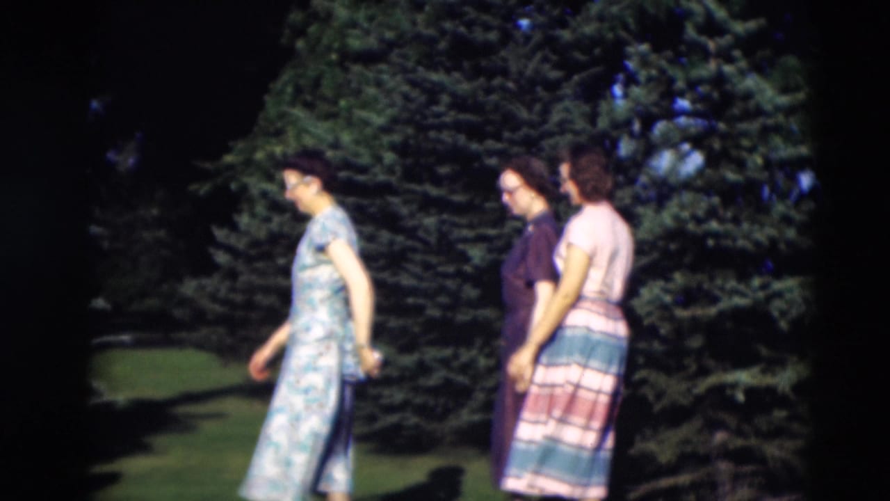 Three women walk across a lawn beside tall evergreen trees.