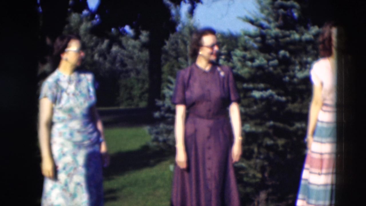 Three women stand on a shaded lawn near evergreen trees.