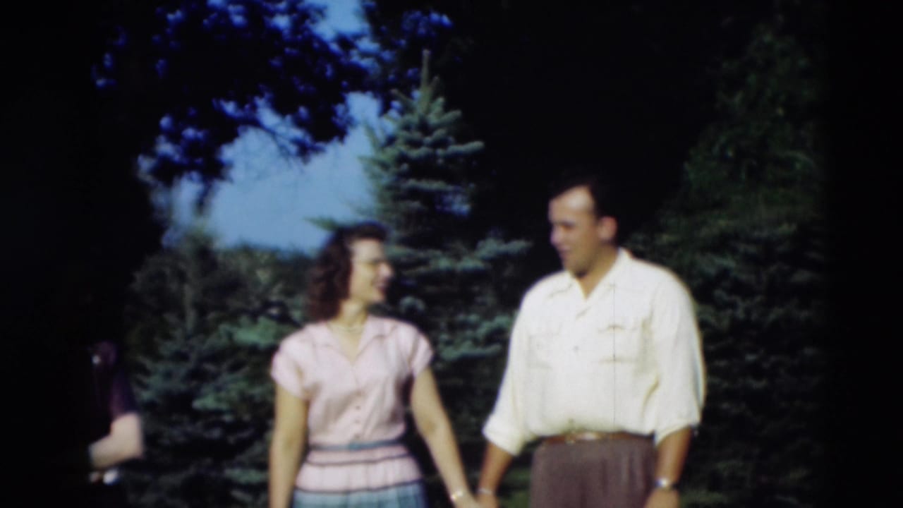A woman in a striped skirt and a man in a light shirt walk together near evergreen trees.