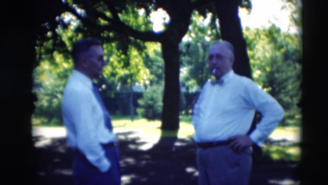 Two men in white shirts and ties talk under trees on a sunny lawn.