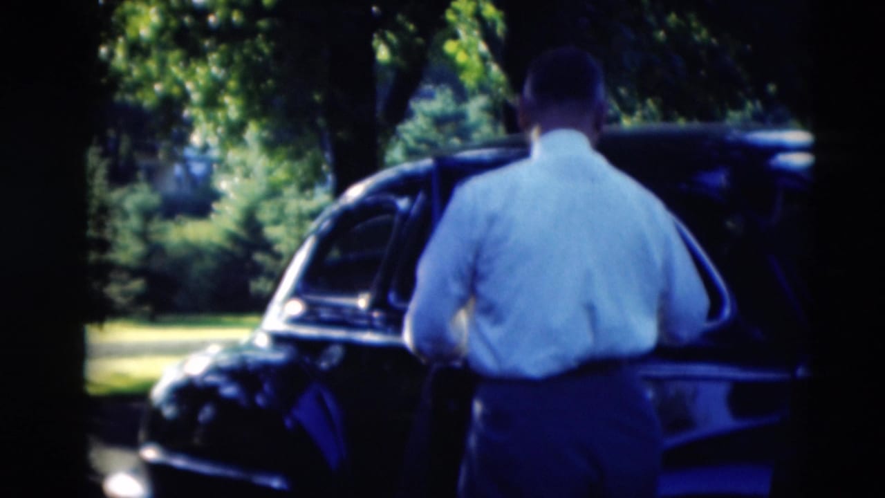 Man faces a dark vintage car with the rear door open beneath leafy trees.