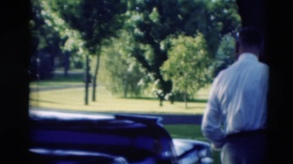 Seen from behind, the man stands near the front of the dark car with open grass and trees in the background.