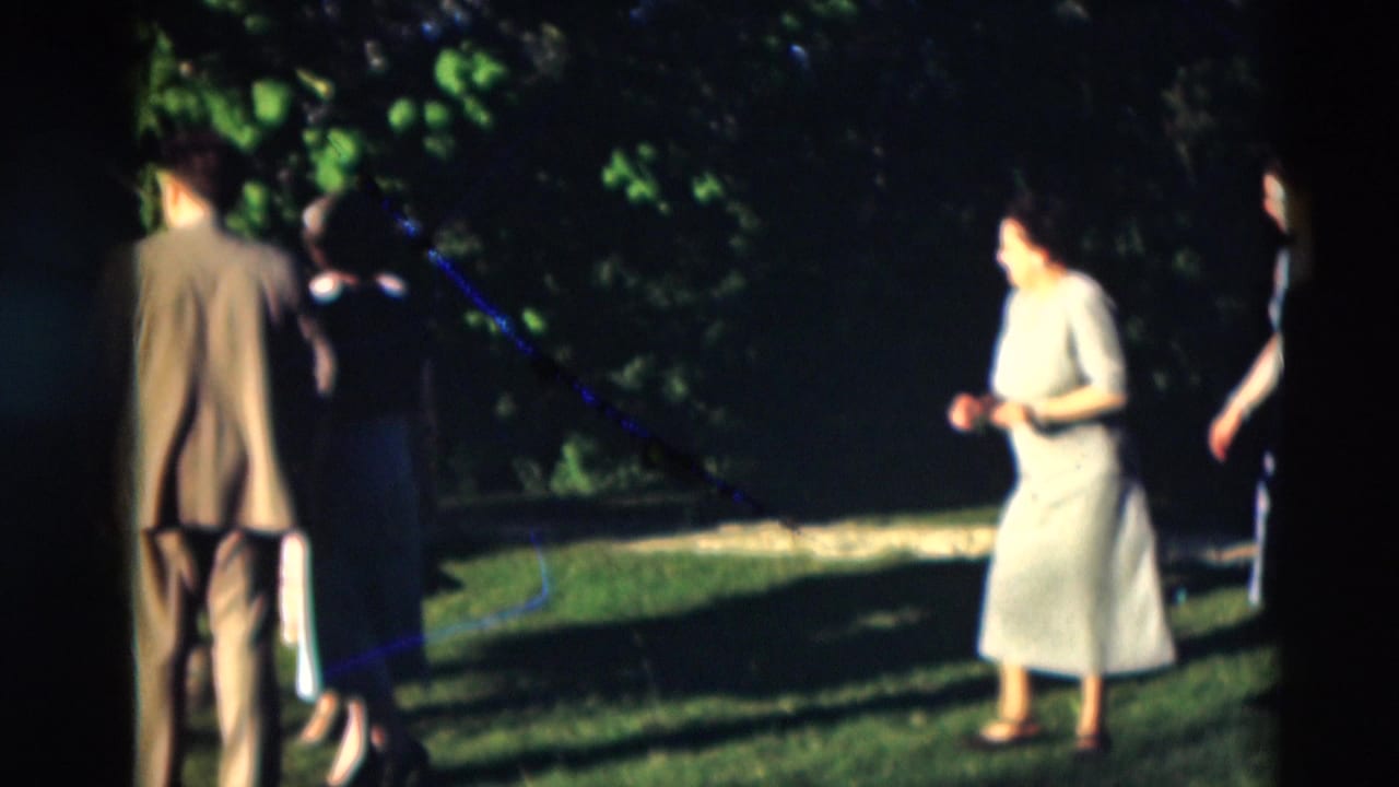 Adults standing and walking on a shaded green lawn with trees behind them.