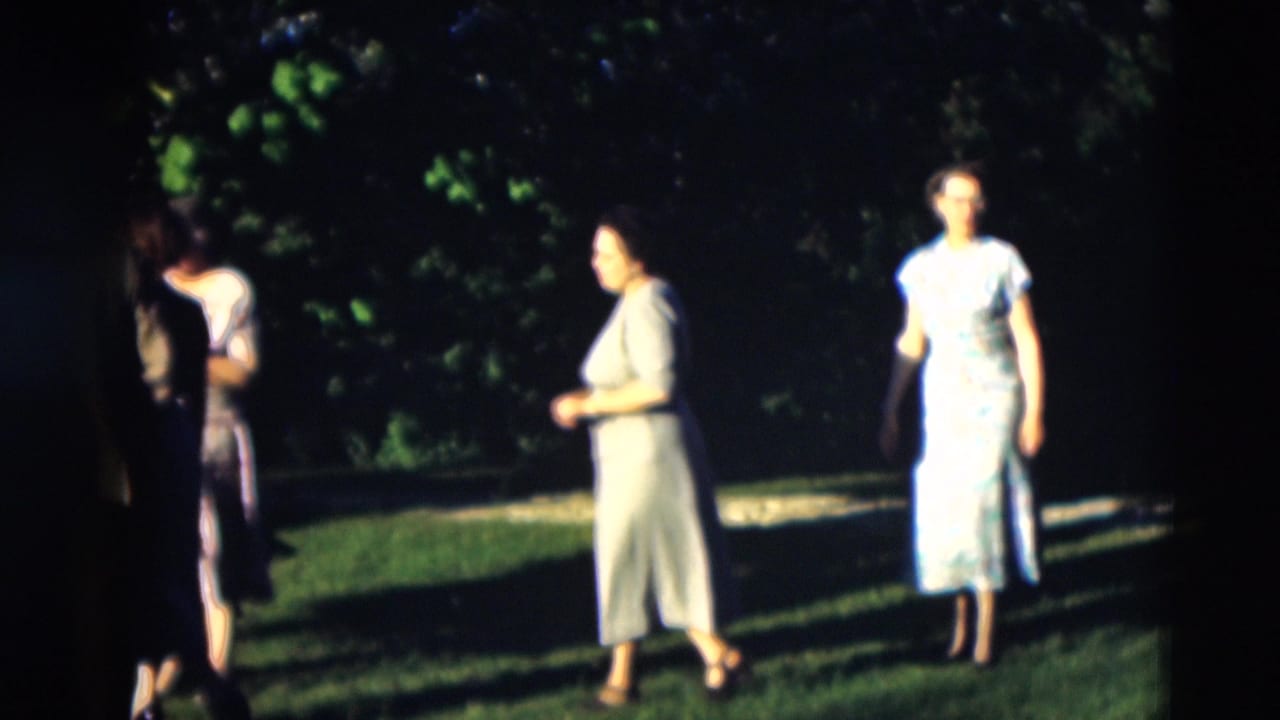 Women walk across a sunny lawn while trees and deep shade fill the background.