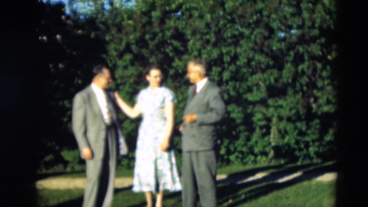 Three adults stand on a sunlit lawn, with a woman in a blue dress between two men in gray suits.