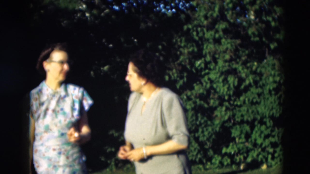 Two women stand near dense trees, one in a blue floral dress and one in a gray dress.