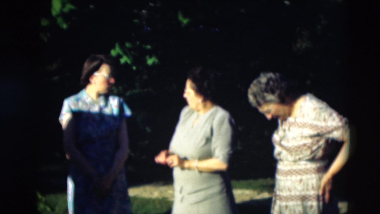 Three women in dresses stand outdoors under trees, two facing each other in conversation.