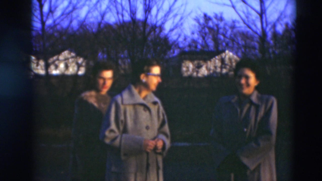 Three women in coats stand outdoors near bare trees and distant houses at dusk.